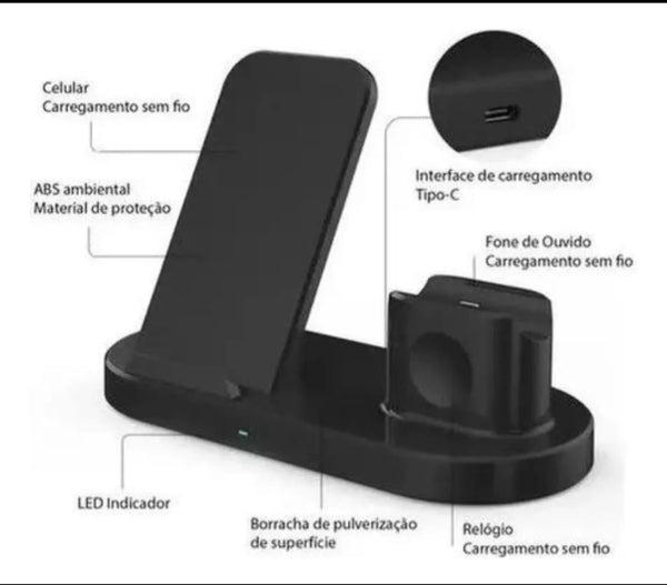 Carregador Indução sem Fio Ultra Rápido 3 em 1